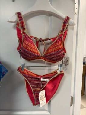 BECCA Hot Pink Multi-Stripe Bikini with Gold Trim